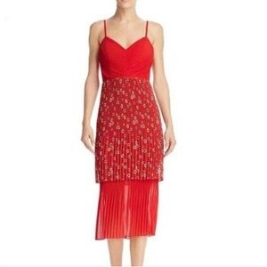 Fame & Partners V Neck Tiered Floral Pleated Midi Dress Red Cocktail NWT Size 2